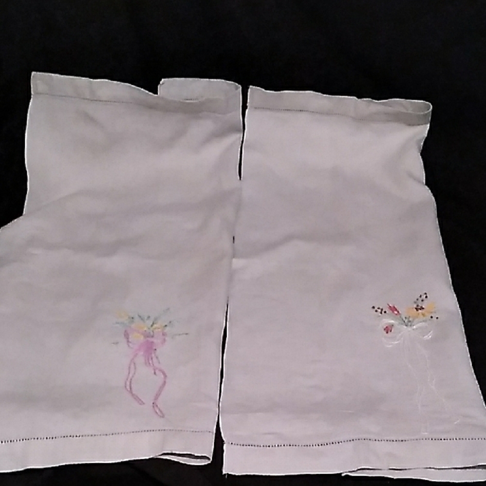Vintage linen tea towels with Embroidered Floral Design
